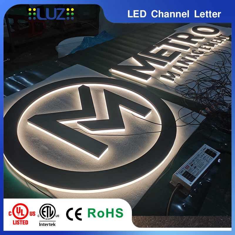 Custom backlit LED channel letter E brushed aluminum mounting backboard with hidden wire hole, UL listed commercial signage component