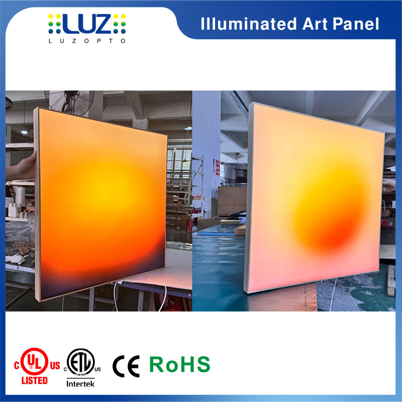 Square smart backlit acrylic wall light displaying a warm sunrise gradient halo glow effect