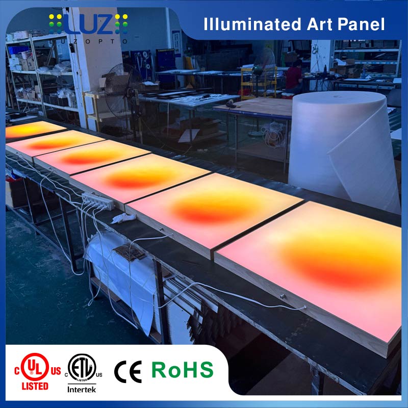 Smartphone app controlling light brightness and effects on a square backlit acrylic wall panel
