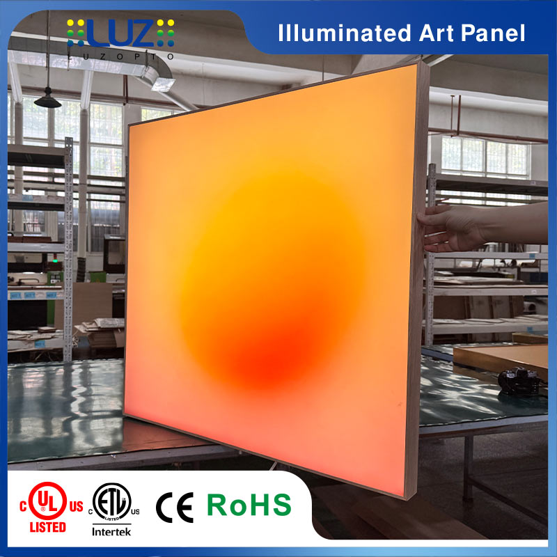 Close-up detail of rotary dimmer knob switch and power cord on ambient backlit acrylic wall panel