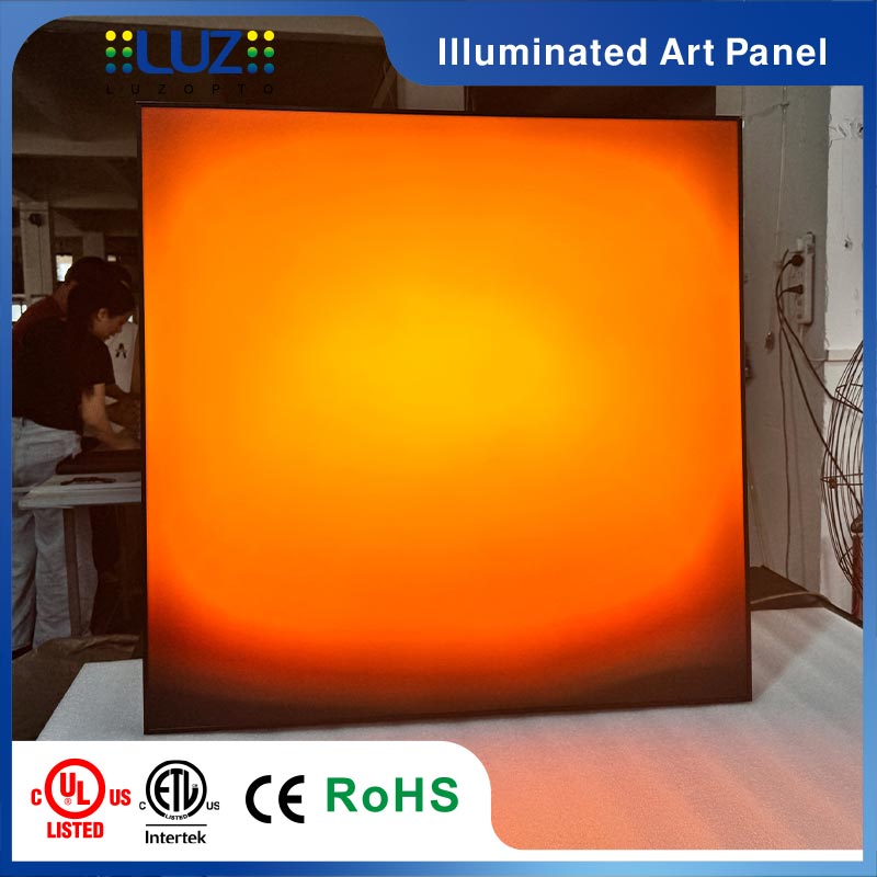 dusk crimson backlit acrylic wall light, red orange glow illuminated wall art