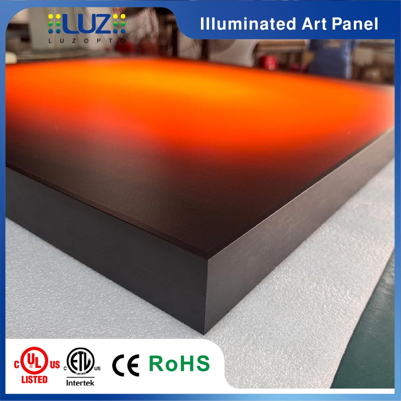 Luxury interior decorative backlit art box with matte gradient acrylic and warm red orange LED illumination