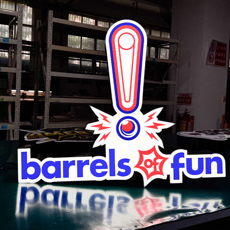 Barrels of Fun custom LED acrylic sign with irregular shape and red-white-blue colors