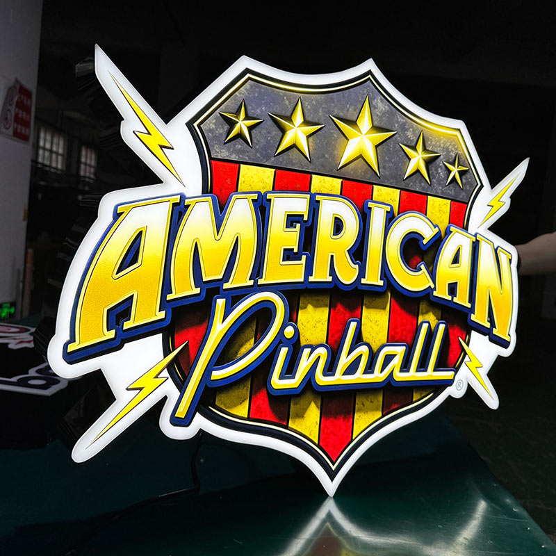 custom LED acrylic logo signs Custom LED acrylic logo sign for American Pinball with shield shape and illuminated stars