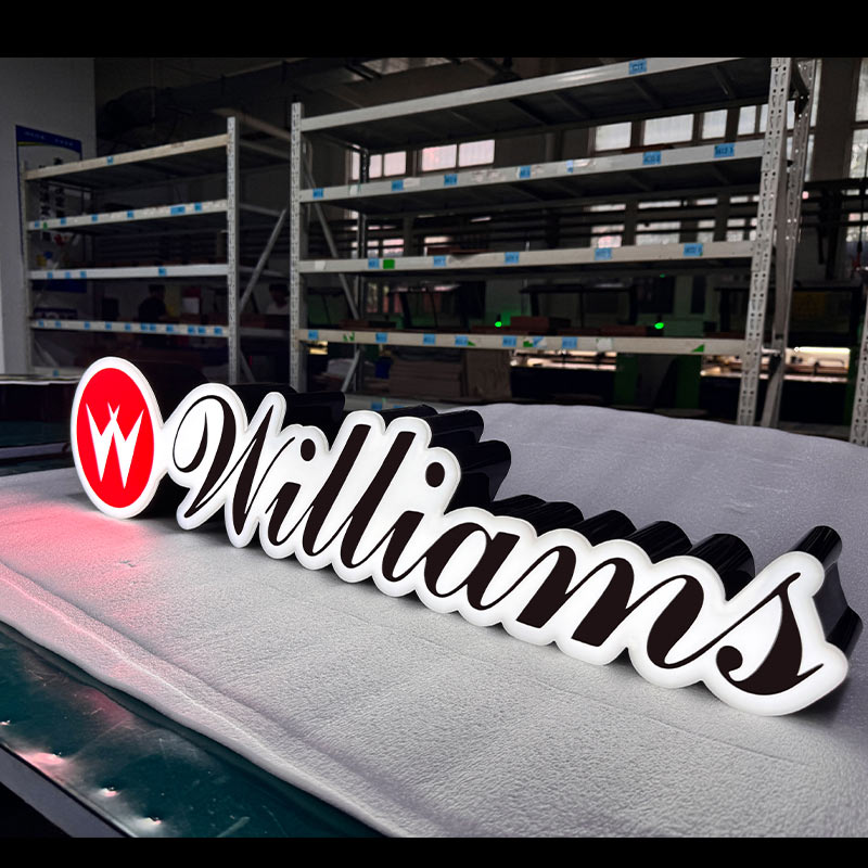 custom LED acrylic logo signs Williams custom LED acrylic logo sign with black base structure and white script lettering